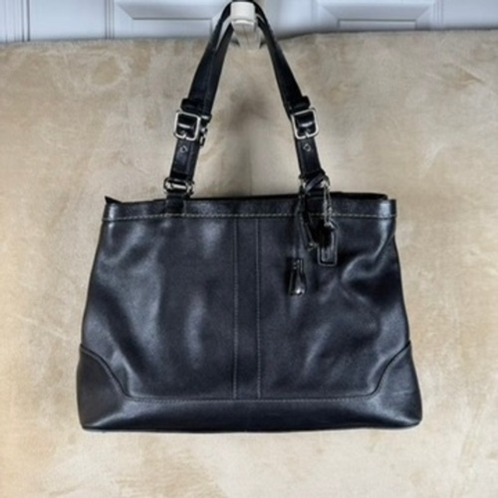 Vintage Coach Hampton Black‎ Leather Carryall Shoulder Bag 7468 Silver Buckle